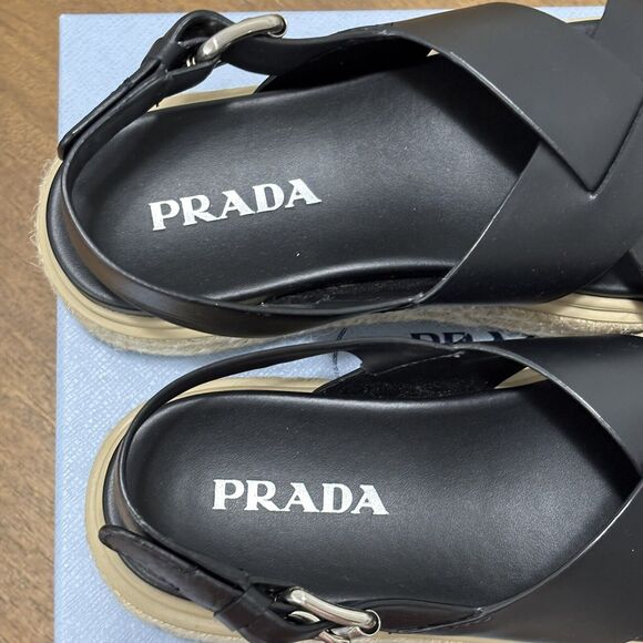 Prada Size 9 EU40 Black Leather Flatform Espadrilles Slingback Platform Sandals - Picture 3 of 8